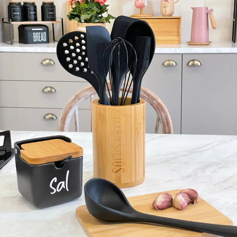 KIT UTENSÍLIOS DE SILICONE E BAMBU PRETO 9 PEÇAS