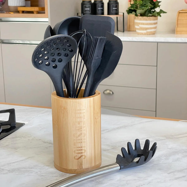 KIT UTENSÍLIOS DE SILICONE E BAMBU PRETO 9 PEÇAS