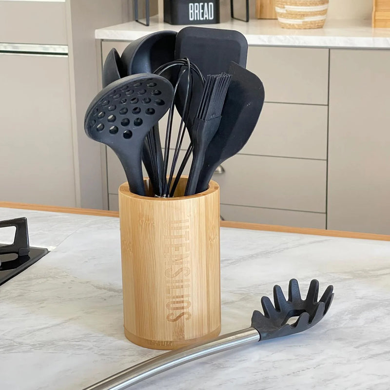 KIT UTENSÍLIOS DE SILICONE E BAMBU PRETO 9 PEÇAS